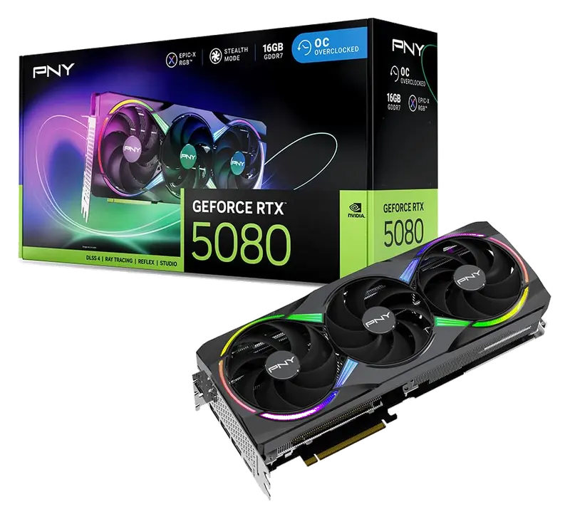 PNY Tarjeta Gráfica GeForce RTX 5080 16GB ARGB OC Triple Fan DLSS 4